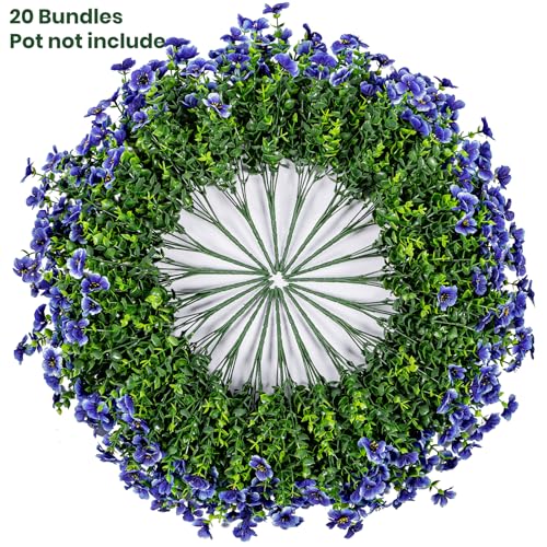 Lnoicy 20 Bundles Artificial Fake Flowers for Outdoor Faux Eucalyptus Flowers for Home Decoration,Fake Plants UV Resistant for Porch/Garden（Blue） - color: Blue
