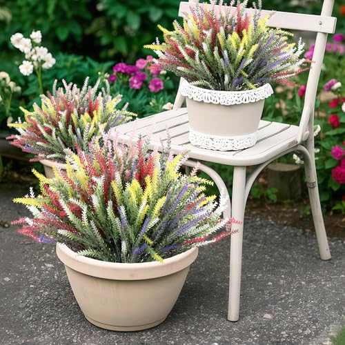 15 Bundles Artificial Lavender Outdoor Flowers Fake Plastic Flower Outside UV Resistant for Home Kitchen Wedding Outdoor Decor(Assorted Colors,5) - color: Purple、red、white、pink and Yellow
