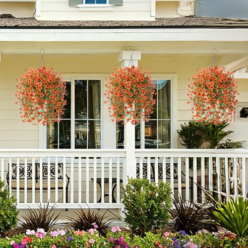 HyeFlora Artificial Hanging Flowers Basket for Outdoor, Fake Spring Flowers, UV Resistant & No Fading, Faux Plants, Realistic Indoor Decoration for Yard Gardens Porch Patio Planter (Orange) - color: Orange
