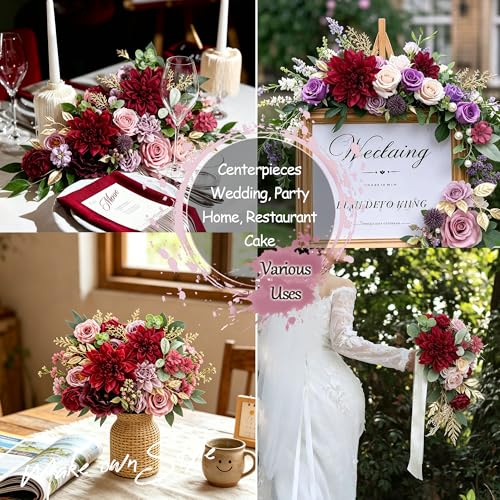 Burgundy Maroon Artificial Silk Flowers Mauve Roses Dark Red Peonies Combo Box DIY Wedding Bouquets Bridal Shower Cake Decor Gothic Centerpieces Fake Floral Arrangements Party Tables - color: Burgundy, Maroon