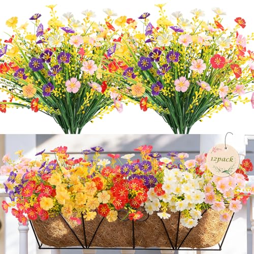 MACTING 12 Bundles Artificial Flowers for Outdoors UV Resistant Fake Flowers No Fade Faux Plastic Plants for Planters Patio Porch Yard Window Home Outside Garden Summer Decorations(Mix Color) - color: Mix Color 1, size: 12PCS