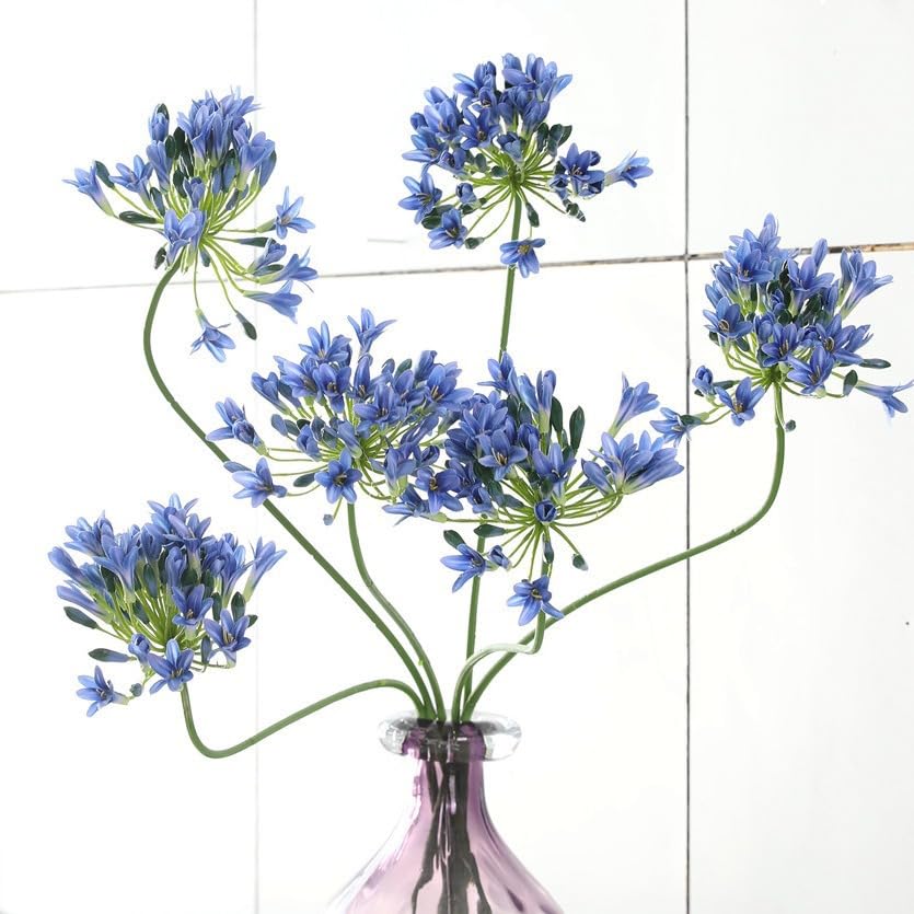 Htmeing 6PCS Artificial Agapanthus Flowers Long Stems Silk Lily Flowers for Home Hotel Flower Arrangement Party Decor (Blue) - color: Blue