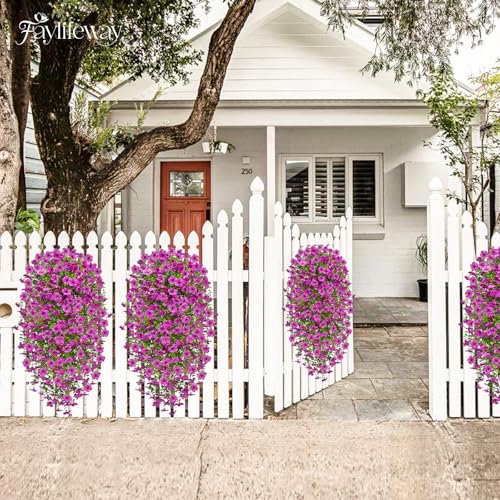 Artificial Hanging Flowers for Outdoors Spring Summer Decoration, 4PCS UV Resistant Silk Fake Hanging Plants for Patio Porch Front Yard Window Garden Indoor Decor(Purple,4PCS) - color: Purple, size: 4PCS
