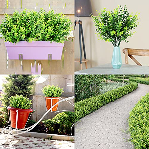 Ouddy Decor 8 Bundles Artificial Greenery Stems Fake Plants Outdoor UV Resistant Faux Plastic Boxwood for Kitchen Office Garden Porch Farmhouse Window Box Home Decor - size: 8 Pcs
