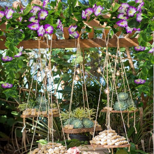 CISDUEO 2 Pcs Artificial Vines Silk Morning Glory Vines for Outdoor 15Feet Hanging Plants Garland Purple Fake Green Plant Morning Glories for Home Decor Wall Fence Stairway Wedding Hanging Baskets - color: Purple