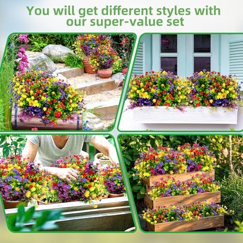12 Bundles Artificial Flowers for Outdoors UV Resistant, Artificial Flowers Outdoor Decoration, No Fade Faux Fake Flowers Greenery Shrub Plants for Garden Home Front Porch Window Hanging Decor - color: Red+rose Red+purple+yellow, size: 12 Bundles