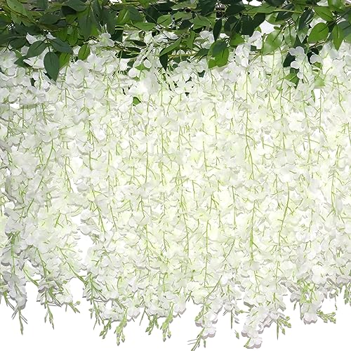 ZINHO 60 Branches Wisteria Hanging Flowers, Artificial White Wisteria Flowers Garland for Wedding Arch Ceremony Party Garden Home Backdrop Decor - color: White