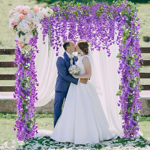 Sggvecsy 6Pcs Wisteria Garland Artificial Flowers Garland Fake Hanging Wisteria Vines Rattan Silk Hanging Flower Vines for Home Garden Outdoor Wedding Arch Party Ceremony Total 35.4Ft (Purple) - color: Purple