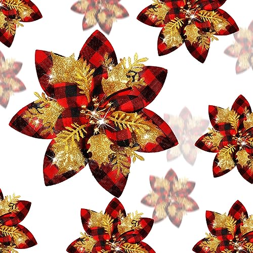 Geosar 36 Pcs Christmas Glitter Artificial Poinsettia Flowers Xmas Poinsettia Artificial Wedding Flowers Decorations Xmas Tree Ornaments with Clips for Party, 6 Inch, 4 Inch, 3 Inch(Red, Black, Gold) - color: Red, Black, Gold