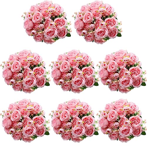 Geosar 8 Bundles Artificial Peonies Flowers Fake Silk Peony Bouquet Faux Peonies Flowers Bulk for Decoration Vase Floral Arrangements Wedding Party Table (Pink) - color: Pink