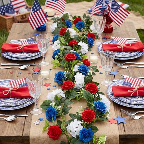 5 ft Red White Blue Flower Garland with Lights for Mantel Patriotic 250th Anniversary 4th of July Garland Decoration Memorial Independence Day Flexible Floral Decor for Door Stair Table - color: Red, White, Blue, style: Patriotic Flower