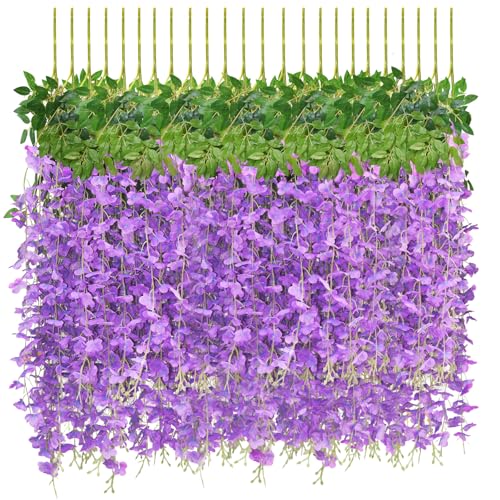 24 PCS Wisteria Hanging Flowers, 3.6ft Fake Wisteria Vines Artificial Wisteria Garland Silk Flower String for Wedding Arch Party Home Ceiling Wall Backdrop Tent Decoration (Light Purple) - color: Light Purple, size: 24 Pack