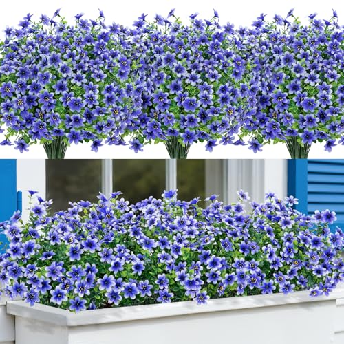 Bassion 20 Bundles Artificial Flowers for Outdoors Decorations, UV Resistant Faux Plants Fake Silk Flowers for Outside Daisy Hanging Planters Window Box Front Door Porch Patio Yard Home Decor - color: Blue