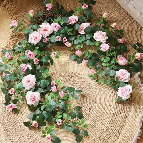 5.9FT Bendable Rose Flower Garlands, Artificial Silk Wild Roses Vine Hanging Flowers for Wall Fireplace Fence Trellis Wedding Baby Shower Home Spring Decor(Pink,2PC) - color: Pink, size: 2