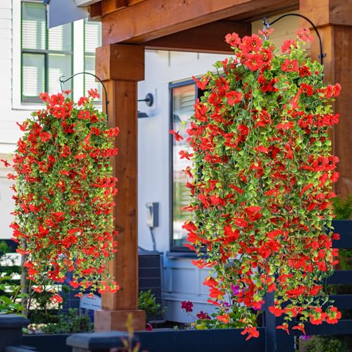 6 Pcs Spring Artificial Hanging Flowers Outdoor Faux Silk Mum Plant Decor Violet with Eucalyptus Realistic UV Resistant Trailing Vine Spring Porch Yard(Red,Violet) - color: Red, style: Violet