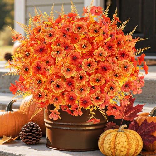 16PCS Artificial Fall Flowers for Outdoors, Realistic Faux Silk Flowers with Eucalyptus & Ferns, Fake Plants for Outside Planter, Patio, Porch, Garden Decor(Mixed) - color: Mix Fall, size: 16PCS