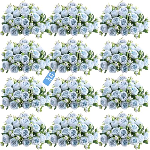 Peonies Artificial Flowers 12 Bundles Pink Flowers Bouquet, Lifelike Silk Fake Peonies with Stems for Home Table Centerpieces, Wedding, Party & DIY Bridal Floral Arrangements (Blue) - color: Blue