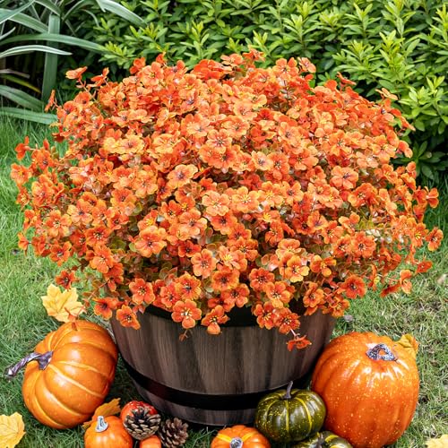 Lnoicy 20 Bundles Artificial Fake Mums for Outdoor Fake Plants for Autumn Decoration,Faux Eucalyptus Flowers for Planter UV Resistant Lifelike for Home Porch Garden (Fall Orange) - color: Fall Orange