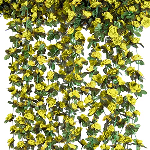 PONKING 8 Pcs x 8.2 ft Flower Garland Artificial Rose Vine Flowers with Green Leaves Hanging Fake Roses Vine for Room Party Home Wedding Birthday Christmas Wall Arch Decor, Spring Yellow Flower - color: Spring-yellow-8pcs, size: 8 Vines 66FT