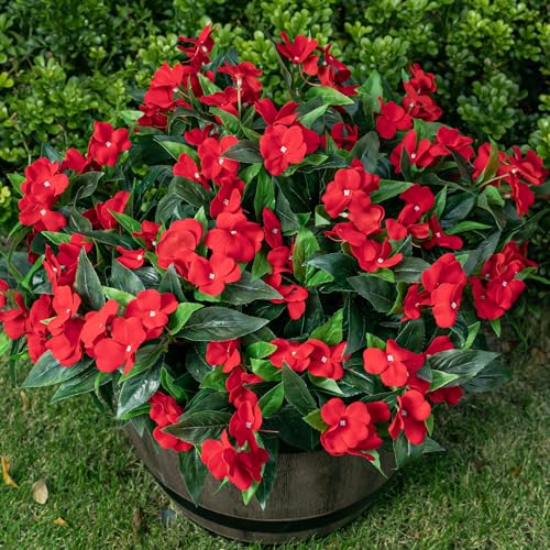 Nigirior Artificial Fake Flowers for Outdoor Décor 6 Bundles UV Resistant Fake Plants for Planter Faux Impatiens for Home Porch/Garden Stunning（Red） - color: Red