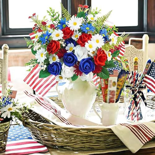 Patriotic Artificial Flower Bouquet Red White and Blue Roses and Daisies 4th of July Independence Day Memorial Day Table Centerpiece Holiday Party Art Decoration Supply