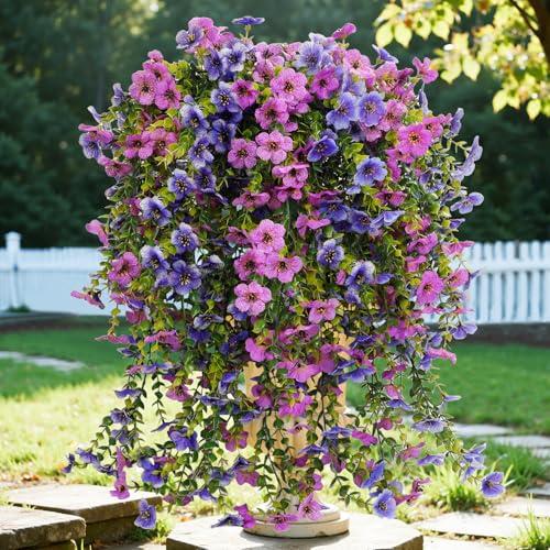 6 Bundles Artificial Flowers for Outdoors, UV Resistant Fake Hanging Flower, Realistic Silk Flowers for Indoor Outside Garden Patio Balcony Farmhouse Porch (Blue, Purple) - color: Blue&purple