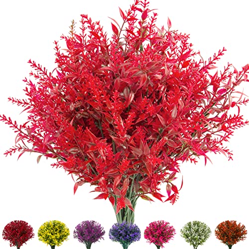 Artificial Outdoor Lavender Flowers,10 Bundles Artificial Outdoor UV Resistant Fake Flowers,Outside Plastic Faux Flower Shrubs for Indoor Outside Decorations(Red) - color: Red, size: 10 Bundles