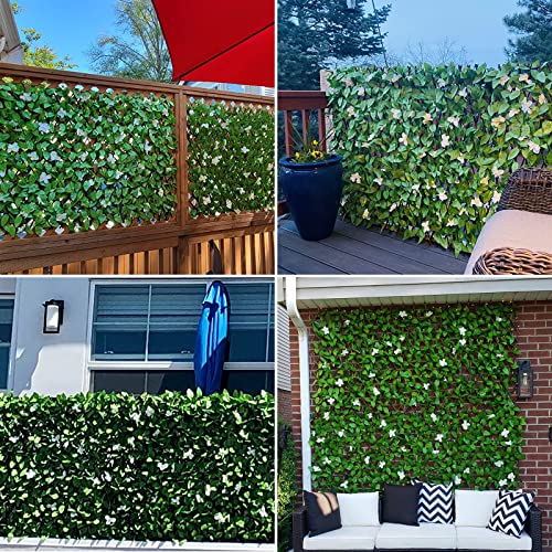 Expandable Faux Ivy Fence,Artificial Privacy Screen Decor for Outdoor Wall, Balcony and Patio, Single Sided Leaves (1,White Flower) - color: White Flower