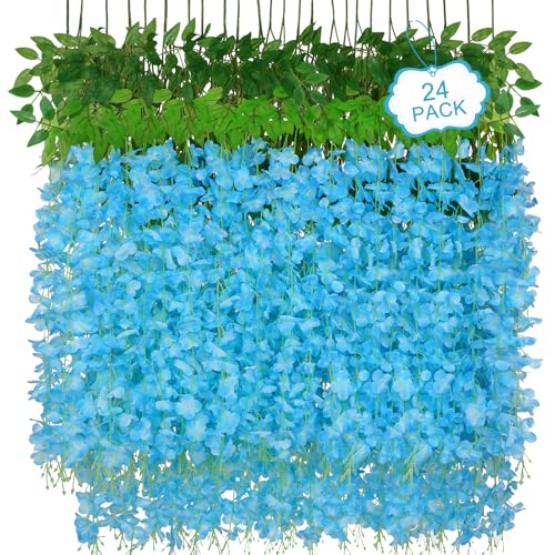 24Pcs Artificial Wisteria Hanging Flowers, 3.6Ft/Pcs Blue Fake Wisteria Garland for Wedding Party Home Garden Indoor Outdoor Decoration - color: Blue, size: 24Pcs