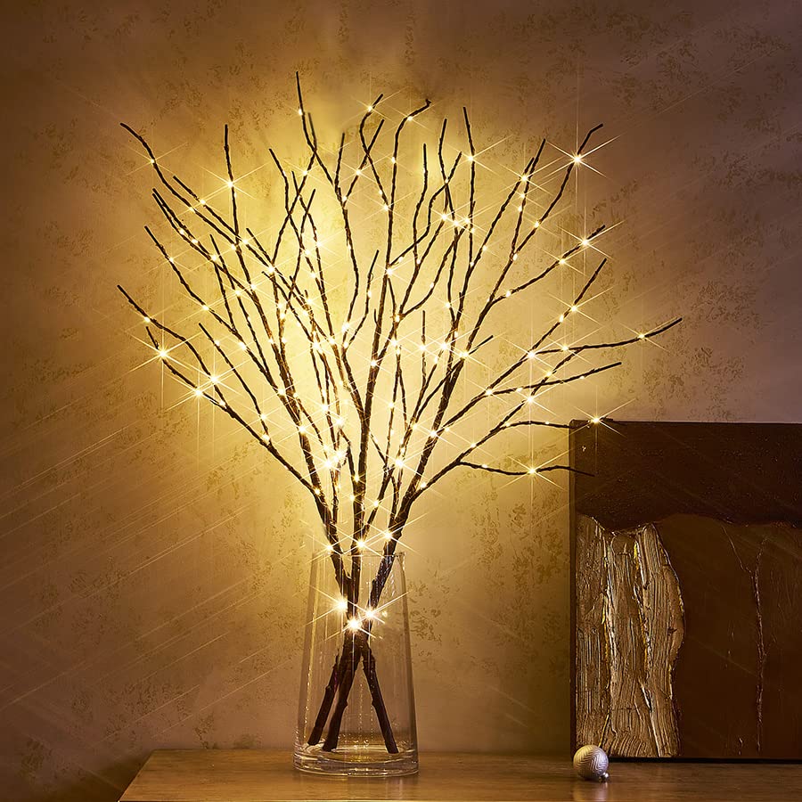 Hairui Lighted Brown Twig Branches Plug in with Dimmer and Timer 30IN 150 LED Fairy Lights, Lighted Willow Branches for Indoor Outdoor Spring Christmas Room Wedding Decoration (Vase Excluded) - style: Brown+Warm White 1set
