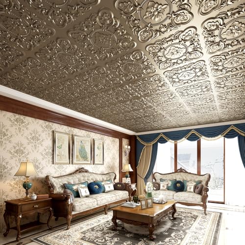 Art3dwallpanels 12 Pack Drop Ceiling Tiles, 24 x 24 Inch High Grade PVC 3D Wall Panels Vintage Flower Pattern for Interior Wall Decor, Fire Rated, Waterproof, Antique Gold - color: Antique Gold