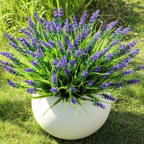 16 Bundles Artificial Plants Outdoor, UV Resistant Fake Lavender & Monkey Grass, Realistic Plastic Faux Plants for Balcony, Patio, Porch Greenery Decor, Planter Filler(Purple) - color: Purple, size: 16PCS