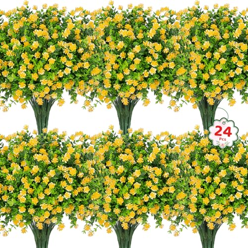 Roberly 24 Bundles Artificial Flowers for Outdoors, UV Resistant Eucalyptus Fake Flowers Shrubs Greenery Plastic Plants for Garden Porch Window Box Farmhouse Indoor Home Decor, Yellow - color: Yellow