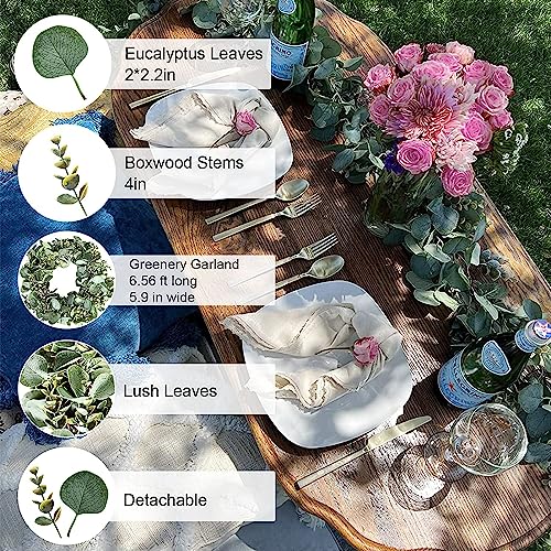 Ouddy Decor 2 Pack Eucalyptus Garland Total 13.1 Ft Lush Silver Dollar Leaves Boxwood Artificial Faux Greenery Vines for Baby Shower Wedding Party Table Runner Room Home Mantle Decor - color: Green, size: 2 Pack