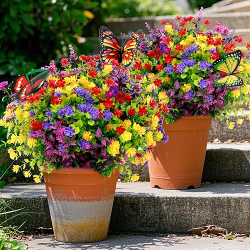 24 Bundles Artificial Flowers for Outdoors UV Resistant, Artificial Flowers Outdoor Decoration, No Fade Faux Fake Flowers Greenery Shrub Plants for Garden Home Front Porch Window Hanging Decor - color: Red+rose Red+purple+yellow, size: 24 Bundles