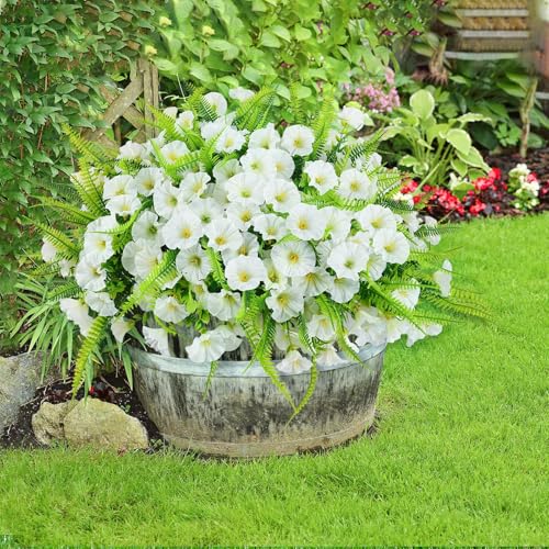 Artificial Flowers for Outdoors 12 Bundles White Artificial Petunias Fake Flowers UV Resistant Shrubs Plants with Fern for Indoor Outside Hanging Planters Home Garden Spring Summer Decorations - color: White