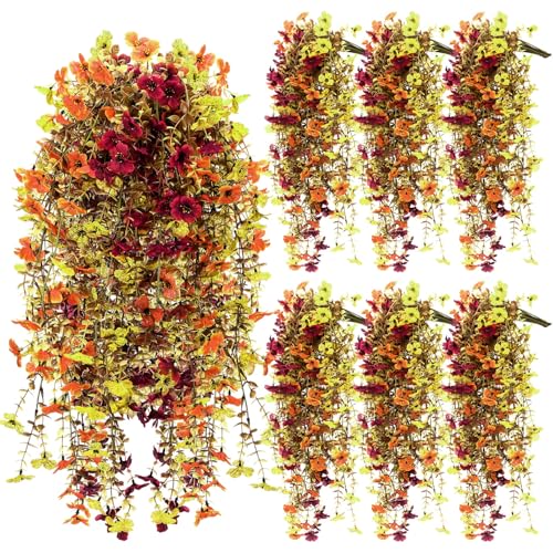 6 Pcs Fall Artificial Hanging Flowers Outdoor Faux Silk Mum Plant Decor Violet with Eucalyptus Realistic UV Resistant Trailing Vine Autumn Thanksgiving Porch Yard(Retro Color,Violet) - color: Retro Color,, style: Violet