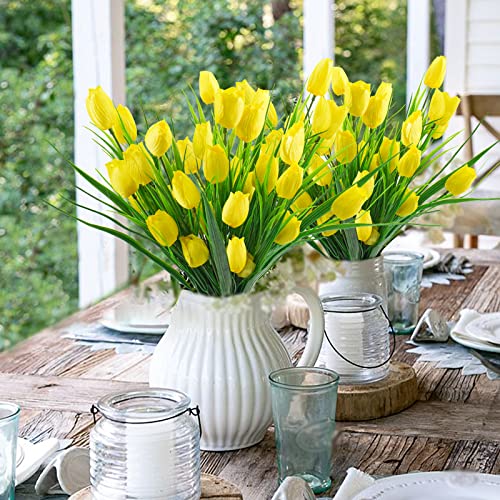 12 Bundles Tulips Artificial Flowers, 60 Heads Outdoor Artificial Tulip Faux Plastic Greenery Shrubs Plants UV Resistant for Easter Home Outside Garden Porch Window Decor (Yellow) - color: Yellow, size: 12 PCS
