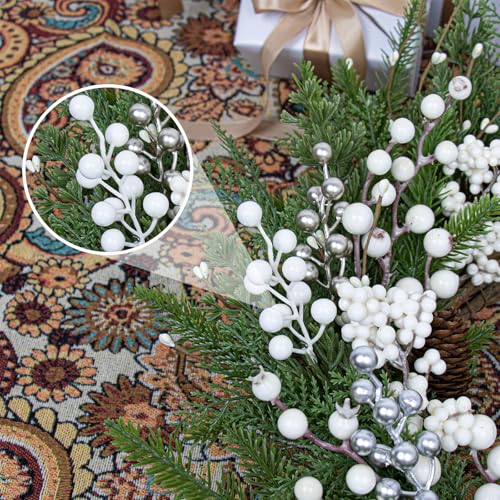 LLZLL 32 Pack Christmas Picks Artificial Christmas Tree Berries 6.5 Inch Holly Berry Stems for Winter Xmas Holiday DIY Ornaments（White） - color: White