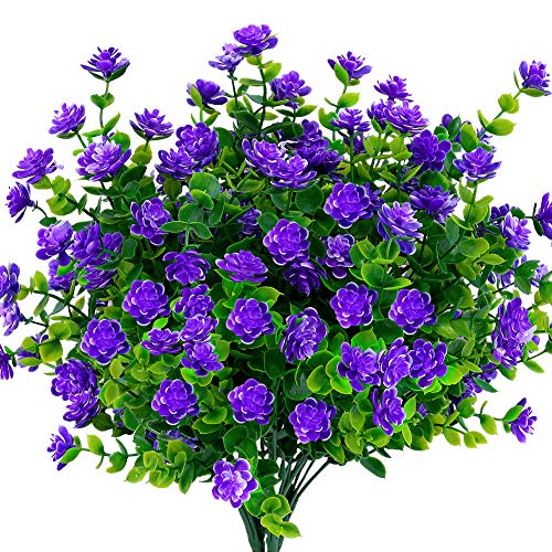 8 Bundles Outdoor Artificial Fake Flowers UV Resistant No Fade Boxwood Faux Plastic Plants for Garden Patio Porch Window Box Home Wedding Farmhouse Décor (Purple) - color: Purple