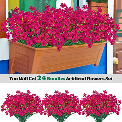 Lnoicy 24 Pcs Artificial Flowers for Outdoor,Plastic Flowers Decoration, UV Resistant Faux Flowers Shrubs, Artificial Plants for Indoor Outside Garden Home Wedding Farmhouse(Rose Red) - color: Rose Red, size: 24