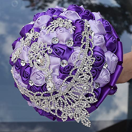 Sharebeauty 8.3 Inch Handmade Satin Rose Bridal Bouquet Toss Round Wedding Bouquet Throw Toss Artificial Flower Bunch Purple + Light Purple - color: W28717 Purple/Light Purple, size: 8.3"/21cm