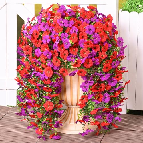 Dolicer 2 Pcs Look Real Artificial Flowers for Outdoors, Realistic Fake Artificial Hanging Flowers for Outdoors UV Resistant Silk Faux Hanging Plants Flowers for Porch Patio Garden (Purple+Red) - color: Purple+red, size: 2 Pcs