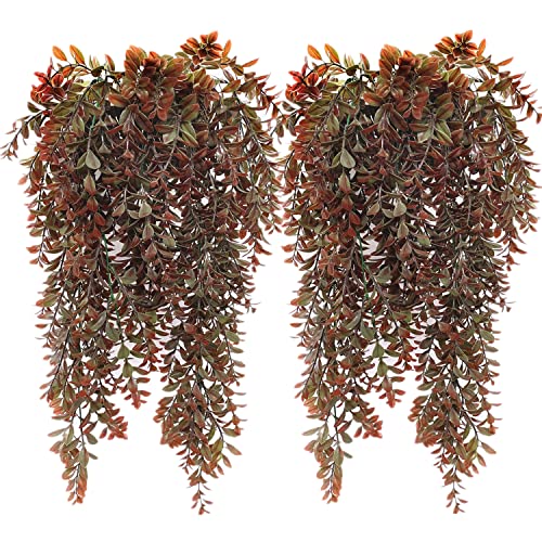 Artificial Hanging Plants Red 4 Pack, Brown Leaves Fake Vines Decoration Plastic Ivy Leaf Rattan Greeny Vine Houseplants for Wedding Indoor Outdoor Home Garden Bedroom Office Wedding Décor - color: Red Leaves Vine - 4pcs