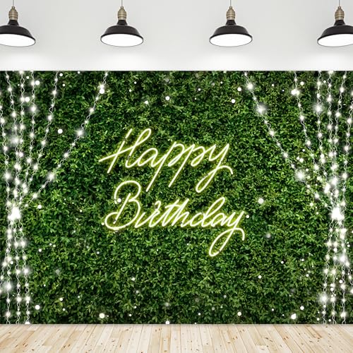 Riyidecor Green Happy Birthday Backdrop Polyester Fabric for Woman Rustic Spring Leaf Grass Neon 8Wx6H Feet Plant Botanical Leaves Nature Photography Background Birthday Baby Shower Photo Studio Shoot - color: D-Green Birthday（Light）, size: 8Wx6H