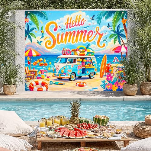 BlissYard Summer Beach Party Backdrop 8x6ft Hello Summer Coastal Van Theme Tropical Ocean Seaside Photo Booth Background for Birthday Pool Party Luau Vacation Event Indoor Outdoor Decoration - color: Summer Beach#03