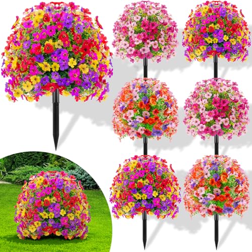 Suncalla 6 Pack Artificial Boxwood Topiary Ball Tree with Violet Flowers, 20" Outdoors Fake UV Resistant Plants with Ground Spike Faux Eucalyptus Shrubs Bushes for Porch Patio Garden (Mixed Color) - style: Mixed Color