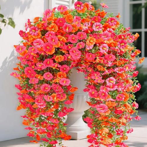 Serwalin Artificial Hanging Flowers for Outdoors Faux Plants, 4PCS Faux Morning Glory Fake Outdoor Flowers UV Resistant Realistic Silk Flower for Outside Planter Front Door Porch Patio Yard Decor - color: Orange& Hot Pink