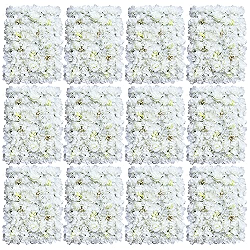 12pcs 24" x 16" Artificial Flower Wall Panel Background,3D White Plastic Hydrangea Rose Flowers Wall Backdrop for Wedding Party Event Photo Backdrop Wall Decor (White)
