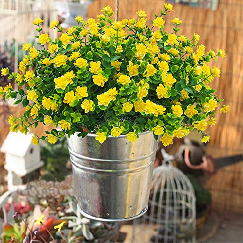 Grunyia 10 Bundles Artificial Fake Flowers, Faux Outdoor Plastic Plants UV Resistant Shrubs Outside Indoor Decorations (Yellow-Eucalyptus) - color: Yellow-eucalyptus